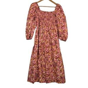 J Crew Smocked Puff Sleeve Cotton Midi Dress Sz M Pink Floral Cottagecore Preppy